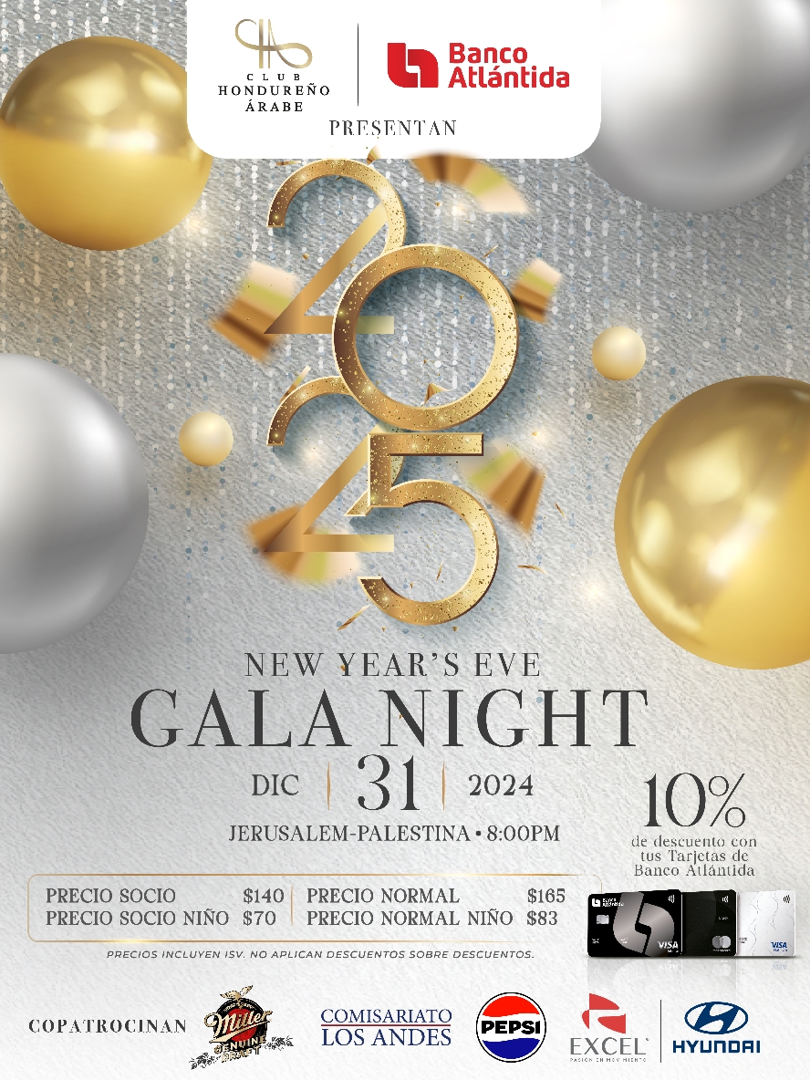 ✨ ¡Despide el año con toda la familia en nuestra Gala de Fin de Año! ✨ 📅 Fecha: 31 de diciembre   ⏰ Hora: a partir de las 8:00 PM hasta el amanecer 📍 Lugar: Salón Jerusalem y Salón Palestina Disfruta de una noche inolvidable con: 🍽️ Cena ALL YOU CAN EAT 🎶 Música en vivo y live DJ  💃 Show de baile para animar la noche y recibir el 2025 🥂 Brindis especial a la medianoche   🍸 Happy Hour de tequila cristalino y Jägermeister   🎈 Entretenimiento infantil para que los pequeños también se diviertan ¡Una velada para toda la familia y una manera perfecta de despedir el 2024! Reserva ahora y celebra con nosotros una noche de lujo y diversión. 🎉 ¡Reserva ya! 📲+ 504 9437- 2572 / +504 9450 - 5720 / +504 9482 - 2839 #foryoupage #fyp #Lifestyle #parati #fy #honduras🇭🇳 #sanpedrosula #eat #newyear 