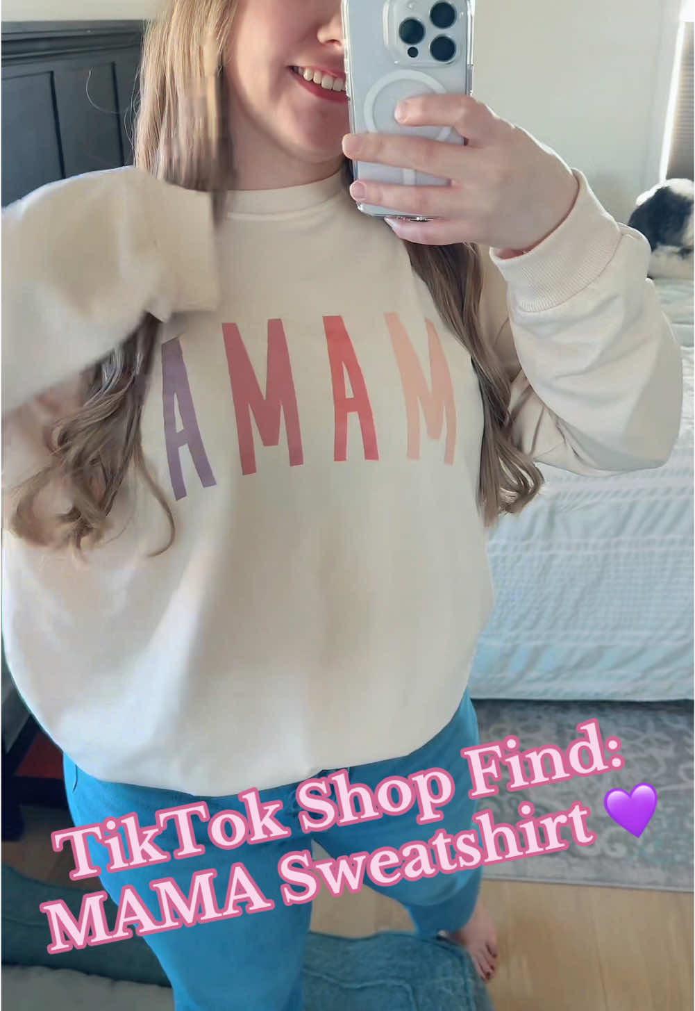 The most adorable MAMA Sweatshirt 💜❤️ Lightweight and comfy. Super trendy. Less than $15. Whats not to love?! Bonus points if you can tell me how many dogs are in this video 🐶❤️ #mamasweatshirt #mamashirt #momshirt #momoutfit #tiktokshopfinds #momootd #sweatshirt 