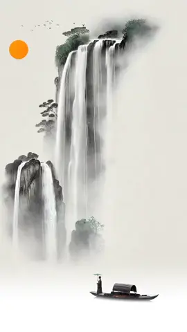 Thác nước đổ xuống ba ngàn thước, mặt trời đỏ rực mọc ở phương Đông, mây tan. Cảnh núi non nước xanh, con thuyền lẻ loi và đàn én tự mình bay đi. #xuhuong #cotrang #douyin #cophongquan #cotrangtrungquoc #cophongtrungquoc 