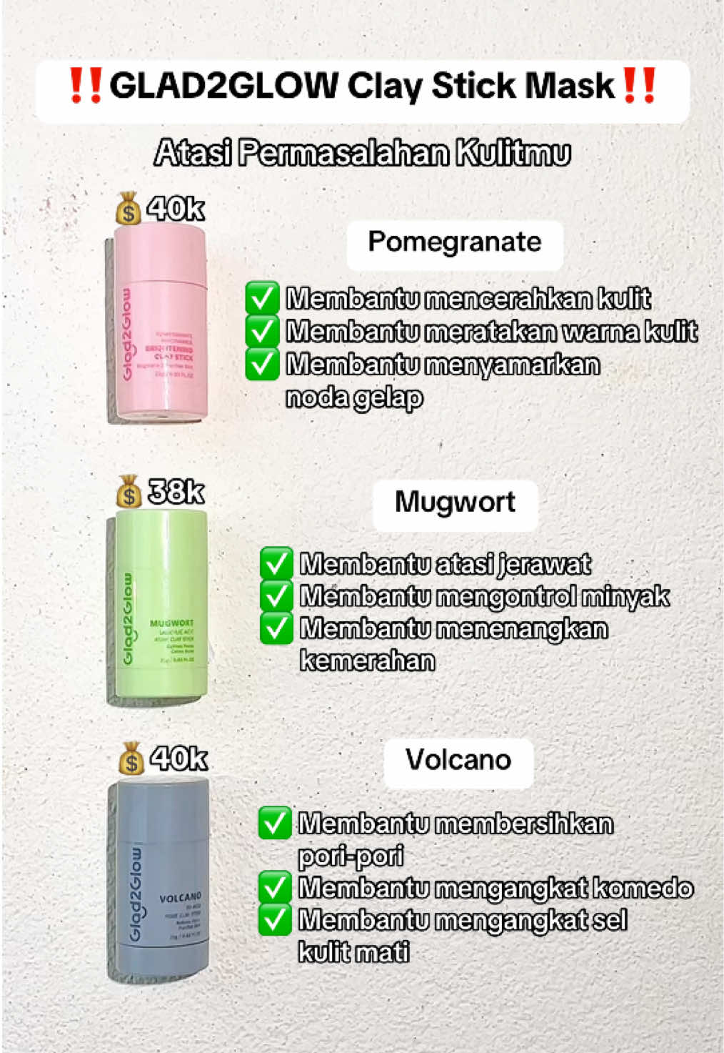 Glad2glow Clay Stick atasi permasalahan kulitmu‼️ #glad2glow #claystick #fyp #xyzbca #skincare #skincareviral #viraltiktok #4u #racunskincare #glad2glowid #fyppppppppppppppppppppppp #glad2glowid #racuntiktok 