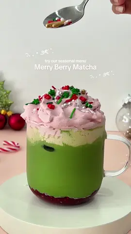 Sweet, tangy, creamy—this Merry Berry Matcha is the perfect indulgence to cheer up your holiday season!  #fyp #matcha #matchalatte #christmasdrink #seasonalmenu
