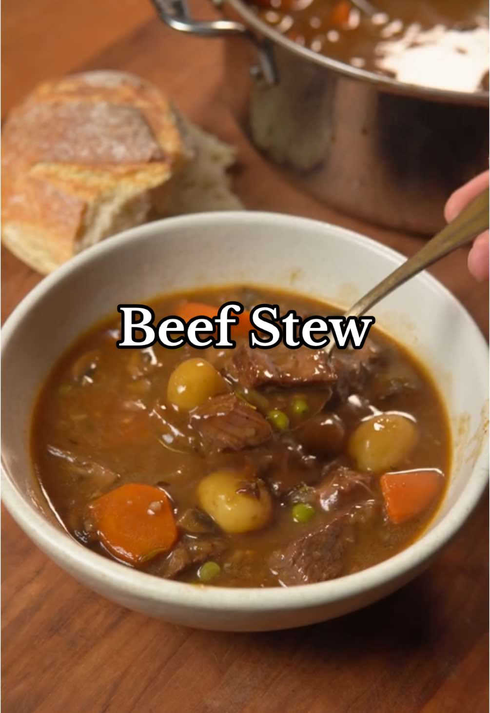 Beef Stew Ingredients * 1/4 cup neutral oil * 2.5 lbs beef chuck(cut into chunks) * Salt and pepper to taste * 2 carrots(cut into chunks) * 1 onion(chopped) * 2 cups button mushrooms(cut into quarters) * 6 tbsp butter * 2 tbsp tomato paste * 1/3 cup flour * 1 can stout beer * 1 liter beef stock * 2 bay leaves * 2 sprigs thyme * 2 sprigs rosemary * 2 star anise * 1 tbsp Worcestershire * 1 tbsp soy sauce * 1 tbsp beef bouillon paste * 2 packets gelatin powder * 2 stocks celery * 2 cups baby golden potatoes * 1/2 cup frozen peas Instructions 1. Prep carrots, onions, garlic, mushrooms and slice beef chuck into bite-sized pieces. 2. Generously season beef chuck with salt and pepper. Heat oil in a pot on medium high heat and sear beef in batches. Once browned on all sides remove the beef and do the next batch. 3. On medium heat, saute onions and mushroom in the same pot with butter for a few minutes then add garlic.  4. Once fragrant, cook tomato paste for a few minutes and add flour. Cook for a few minutes to get rid of the raw flour taste then pour in stout beer. 5. Once combined, add the beef and give it a stir. Top it with beef stock and add bay leaves, thyme, rosemary, star anise, worcestershire, soy sauce, beef bouillon paste, gelatin powder, and celery. 6. Bring to a simmer and leave it in a 300F oven for 1.5 hours with the pot lid slightly open. Give it a mix every 45 minutes and scrape any browned bits stuck on the side. 7. Remove the herbs, spices, and celery and skim off a majority of the fat. Add carrots and baby potatoes and put it back in the oven for one more hour. 8. Finish with frozen peas and season to taste with salt if necessary.  9. Once the peas are warmed through, serve with bread and enjoy. #lowandslow #beefstew #beef #braise #soup #stew #Recipe #cooking #food  #recipevideo #cookingvideo #foodvideo #recipetutorial #cookingtutorial #asianfood #comfortfood #cookingathome #winterrecipes #fallrecipes #asianrecipes #filipinorecipes #beefstew #beef  #comfortmeals #comfortfoods #EasyRecipe #EasyRecipes 