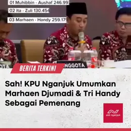 Komisi Pemilihan Umum (KPU) Kabupaten Nganjuk secara resmi menetapkan pasangan calon Marhaen Djumadi dan Tri Handi sebagai pemenang Pemilihan Kepala Daerah (Pilkada) Kabupaten Nganjuk 2024. Penetapan tersebut dilakukan dalam rapat pleno terbuka yang digelar di Hotel Front One Jalan Begadung, Kamis (5/12/2024) pagi pukul 09.00 hingga malam ini Ketua KPU Nganjuk, Arfie Mustofa mengumumkan bahwa pasangan Marhaen Djumadi dan Tri Handi berhasil meraih suara terbanyak dengan memperoleh suara 259.179 suara dari total suara sah yang dihitung. Hasil ini mengungguli pasangan calon lainnya dan dinyatakan sah tanpa adanya keberatan yang signifikan dari pihak manapun. Menurut hasil yang dibacakan KPU Nganjuk, total jumlah pemilih tercatat sebanyak 658.112 suara. Sementara jumlah suara tidak sah sebanyak 21.486 suara. Paslon Marhaen-Handy memperoleh 259.179 suara. Sementara dua pasangan lainnya, yakni Gus Ibin-Aushaf memperoleh 246.993 suara dan Ita-Zuli dengan perolehan 130.454 suara. KPU Nganjuk mengapresiasi seluruh pihak yang telah mendukung proses pemilu, termasuk masyarakat, aparat keamanan, serta para saksi dari masing-masing pasangan calon. Dengan ditetapkannya pasangan Marhaen Djumadi dan Tri Handi sebagai pemimpin baru Kabupaten Nganjuk, masyarakat kini menaruh harapan besar terhadap program-program kerja yang akan diusung keduanya selama masa jabatan lima tahun mendatang. Adapun dalam rapat pleno rekapitulasi tingkat Kabupaten Nganjuk yang dimulai sekira pukul 08.40 WIB, diikuti oleh jajaran KPU dan Bawaslu Kabupaten Nganjuk, Panitia Pemilihan Kecamatan (PPK), serta saksi pasangan calon (paslon) nomor urut 1 Gus Ibin-Aushaf, paslon nomor urut 2 Ita-Zuli, dan paslon nomor urut 3 Marhaen-Handy #nganjuk #aslinganjuk 