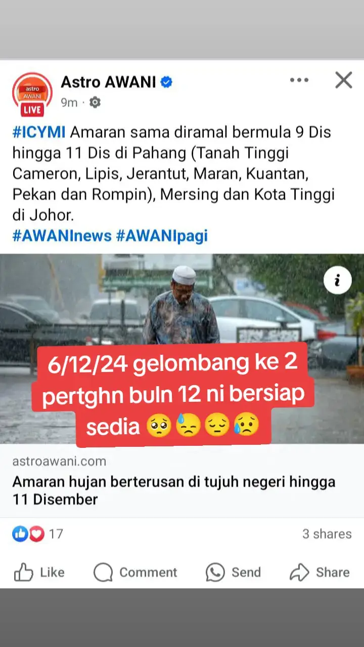 6/12/24 ini info terbaru ..... gelombang ke 2 pertghn buln 12 ni bersiap sedia untuk gelombang ke 2 dh bleh bersiap Dr skrg ... dptkn info Dr group wasabi masing2 dh bleh update dlm group wasabi masing2 ye UTK org ramai dptkn info yg sahih dan btul  #fypシ #fypシツ #fypageシ #fypシ゚viral #infobanjirpahang2014 #temerlohpahang #jerantutpahang #pahangdarulmakmur #pantaitimur #banjir2024😢😢😢 