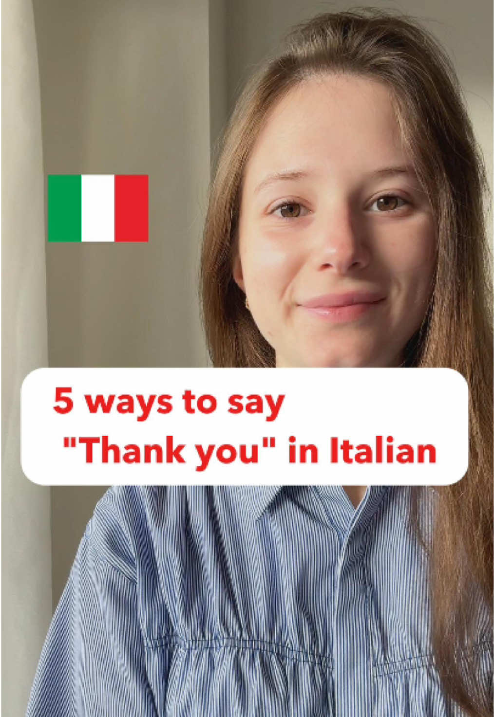 5 ways to say “Thank you” in Italian🇮🇹  1. Grazie  Thank you (Both) You can use it in any situation🤗 2. Grazie mille  Thank you so much (Informal) It means “a thousand thanks” in Italian and is used to express even more gratitude than “Grazie”✨ 3. Ti ringrazio Thank you (Informal) It means “I thank YOU”. It is more peronal and direct🌝 4. La ringrazio Thank you (Formal) More formal version of “Ti ringrazio”👌 5. Grazie infinite Thank you so much (Both) It means “infinite thanks” or “endless thanks”. It is similar to “Grazie mille” but in a more exphasized way☺️ #learnitalian #italian #italianlanguage #speakitalian #italianphrases 