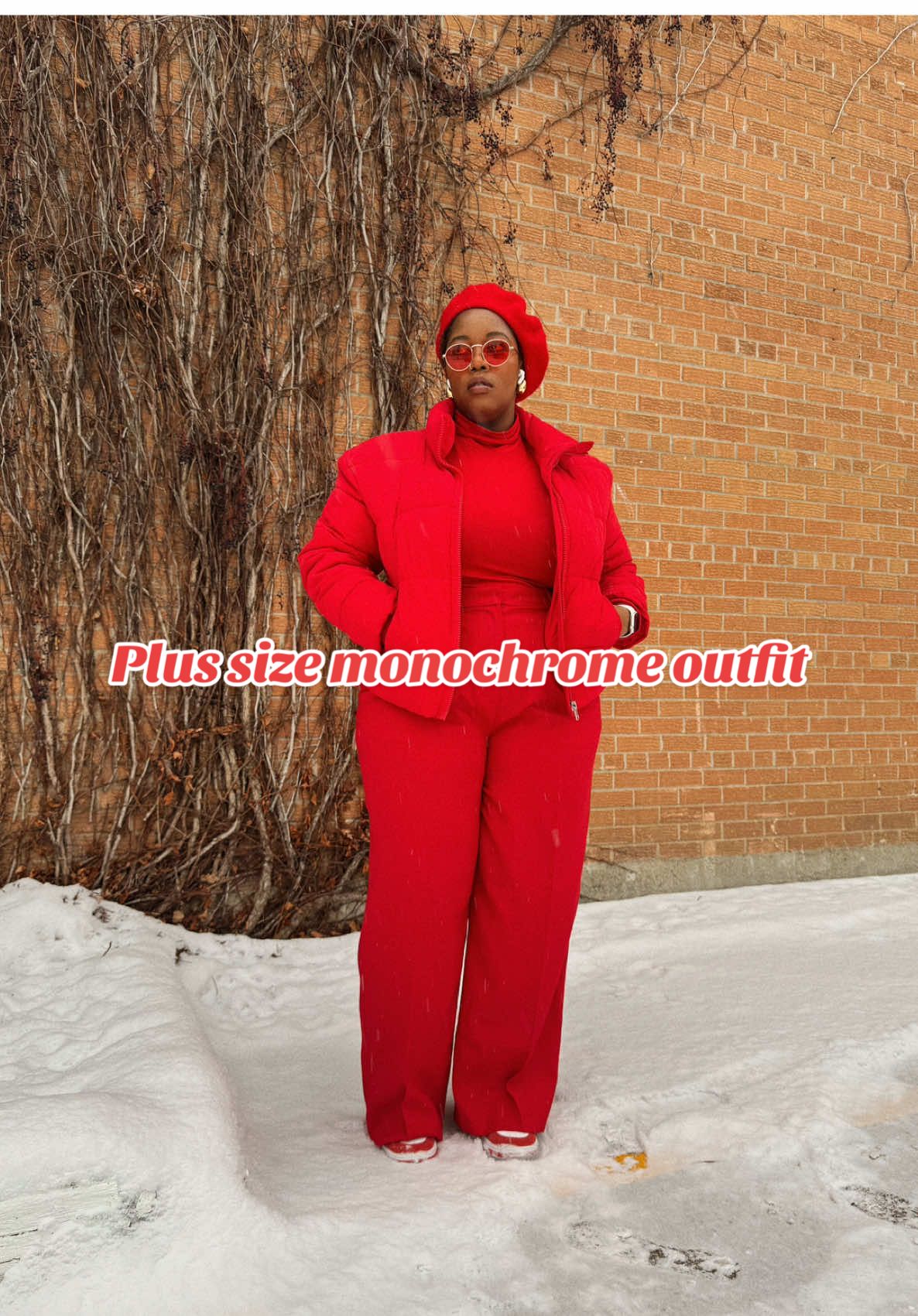 Bright colors just pop in the winter, why not do a monochrome outfit! ♥️ . Outfit deets: • turtleneck & pants @H&M  • jacket & glasses @Ardene  • shoes @footlocker  • beret @callitspring  . . . #OOTD #outfitinspo #plussize #plussizeoutfit #whatiwore #winteroutfits #monichrome #red #redoutfits #winnipeg #canadtiktok #blackwomen #patriciahunda #curvy #thicktok #winterootd 
