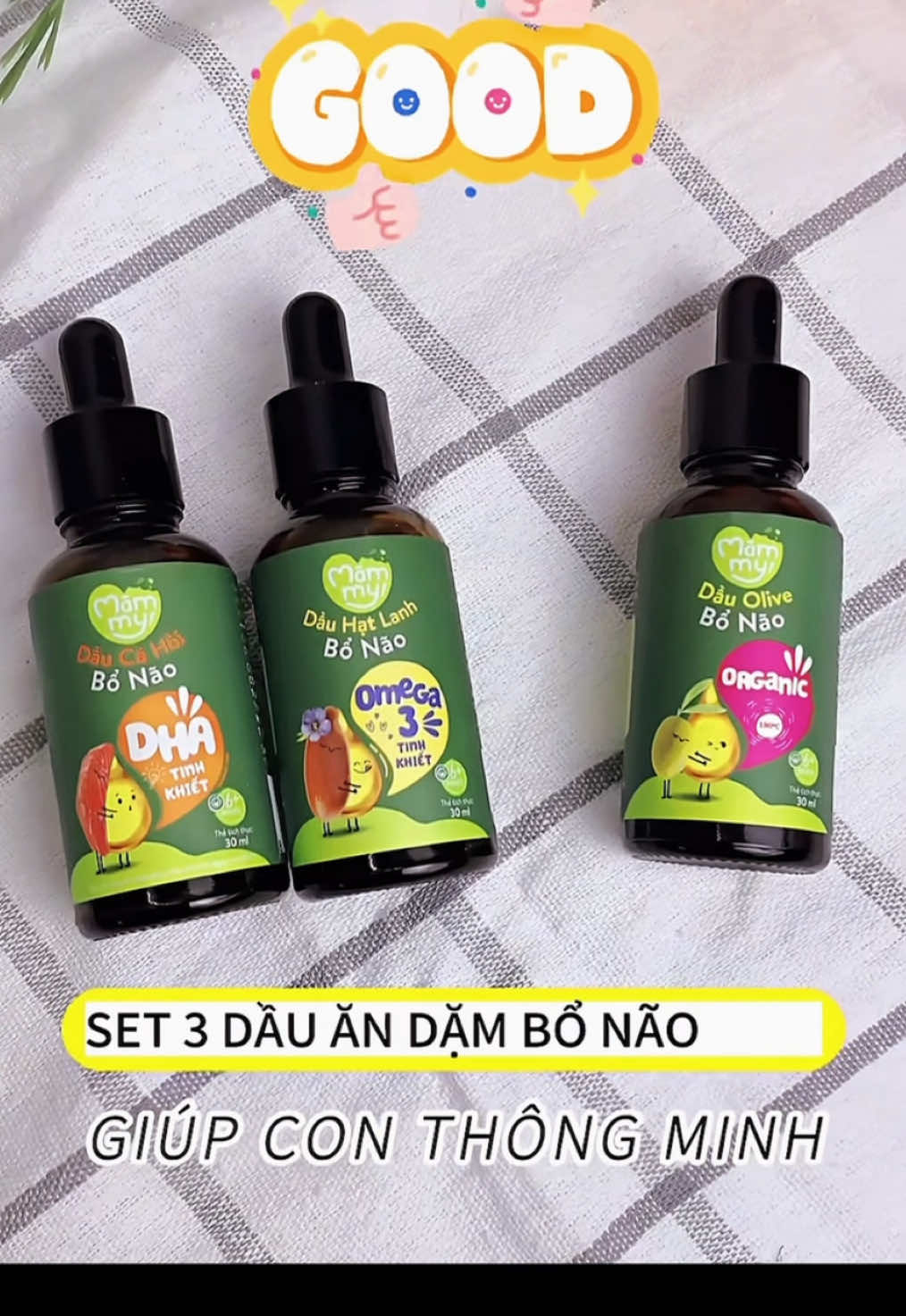 [TẶNG XE CHÒI MINI/ CHẢO CHỐNG DÍNH] Combo 3 dầu ăn dặm bổ não Mămmy 30ml gồm dầu Olive, cá hồi, hạt lanh bổ não cho bé 6 tháng tuổi##andam##dauandamchobe##mammy