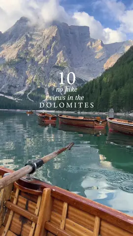 I love hiking and there’s no question about it that the dolomites is FULL of stunning hikes, but it’s also full of amazing viewpoints you can reach with little/no hiking at all 💫 Here are a few of my favourites and some info about them  1. Lago di Braies - it’s a classic and needs no introduction, if you’re up for it there’s a very lovely walk you can do around the lake that takes about one hour 2. Passo Gardena - you can park right at the top and get great views over the valley 3. Santa Maddalena - famous for it’s little church, but also a stunning valley (especially at sunset!)  4. Alpe di Siusi - here you can walk as much or as little as you’d like as it’s a wide open meadow (also depending on where you’d park) 5. Seceda - there are amazing hiking options here but if you’d like to just see the “classic view” you can get the cable car all the way up, the cable car is also a lot of fun!  6. Lago di Carezza - known for it’s reflections of the trees/mountains on the water, makes for a pretty photo spot in the dolomites 7. Lago di Misurina - the famous “hotel” that’s actually an old children’s hospital can make lovely reflections on the water 8. Cadini di Misurina - listen, this is a VERY small hike and it’s so so worth it! Takes about 40 minutes for one of the best views in the dolomites 9. Lago Antorno - absolutely iconic photo spot for the sunset, we had some ducks ruining the perfectly still reflection and a lot of photographers getting annoyed with them and I loved the ducks for that 10. Passo delle Erbe - as a hike (sass de putia) it’s arguably my favourite in the dolomites, but epic views can be seen also right from the car park!  #dolomites #dolomiti #italymountains #travel #dolomitestravelguide 