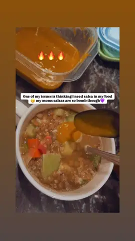 Made lentils with bacon & veggies yesterday for dinner, however, one of my issues is thinking I need SALSA in my food 🤭 my moms salsas are so bomb though, I couldn’t help myself 💜 #salsa #fypシ #foryoupage #latinasbelike #spicysalsa #lentils #bacon #zucchini #chayote #carrots #foodietiktok #yummy #fyp 