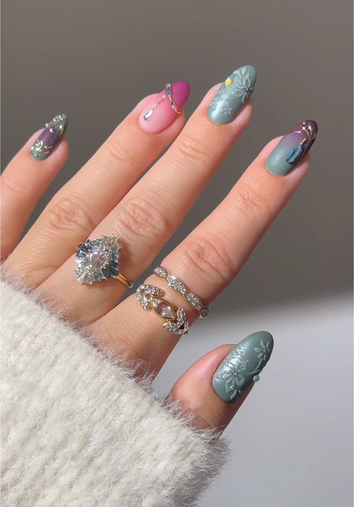 🥀⚜️ Adorned in the elegance of @Local Eclectic 's new Carried Jewels collection, matched with nails fit for a queen 💎✨ •ad _____ #regalnails #jewelry #christmasnails #chromenails #glitternails #winternails #holidaynails #nails #nailinspo #nailtutorials #diynails #nailart almond nails, royal classy baroque nails green teal burgundy nails #trendingnails 