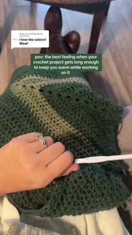Replying to @TheTallowGal  this is the best part of crocheting a longer project 🧶 when it gets long enough to keep you warm at the same time haha #crochet #crochetersoftiktok #crochetersoftiktok #crochettiktok #beginnercrochet #cozy #motherhood 