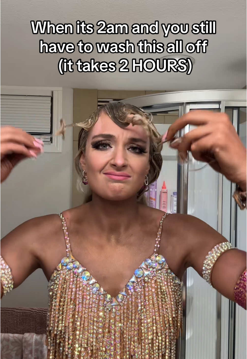 I don’t have the energy for this…   #ballroom #ballroomdance #ballroomhair #hair #hairstyle #hairspray #hairgel #gel #gorillaglue #makeup #tan #faketan #glam #dance #competition #dancecompetition #nightroutine #fyp #foryou 