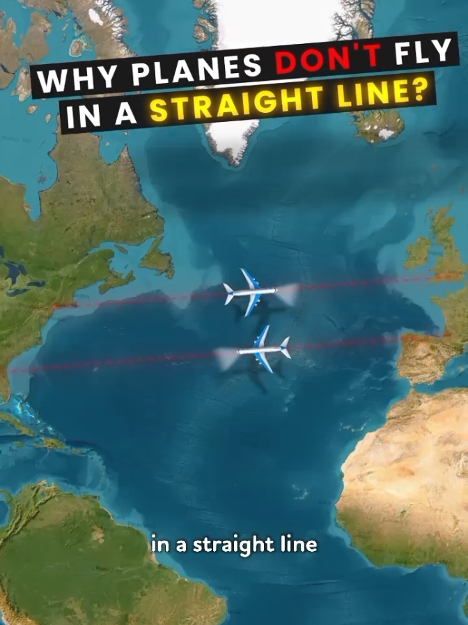 Why Planes Don't Fly In a Straight Line?  #planes #flight #travel #traveling #map #maps #geography #learn #learning #education #usa #europe #reel #shorts 