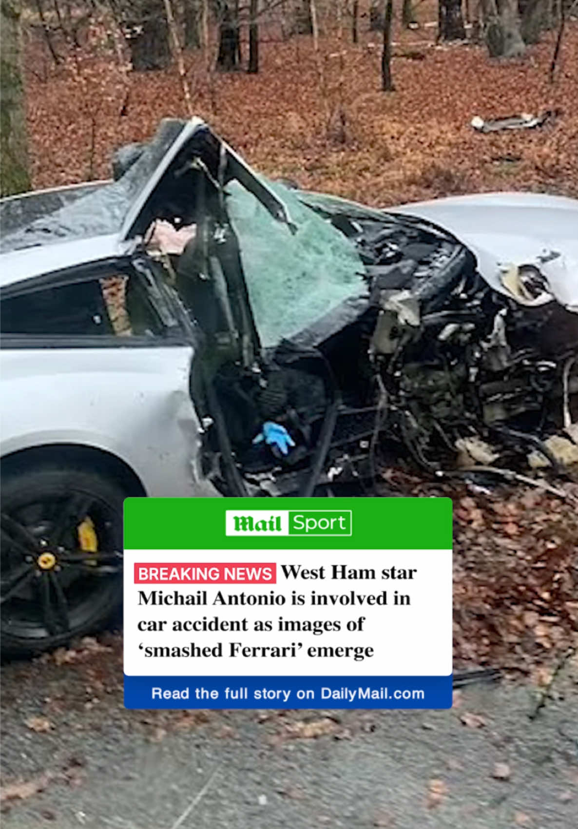 West Ham have confirmed Michail Antonio has been involved in a car accident as images have emerged on a smashed Ferrari. The Premier League club issued a statement confirming the forward, 34, had been involved in an accident. 'West Ham United can confirm striker Michail Antonio has today been involved in a road traffic accident. The thoughts and prayers of everyone at the Club are with Michail, his family and friends at this time. The Club will issue an update in due course.' #westham #whufc #michailantonio #car #breakingnews 