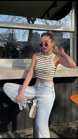 Knitted style stripe tank top outfits. #fyp #tanktop #inspofashion  #pinterestoutfit #stripetanktop #croptop 