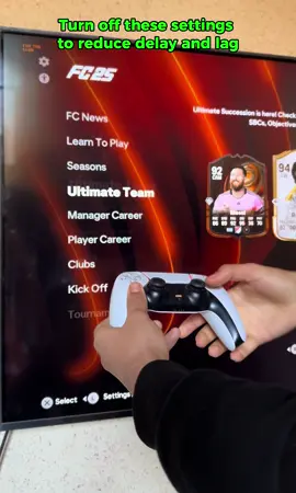 Turn off these settings to reduce delay and lag ✅ #eafc25 #fc25 #fyp #GamingOnTikTok #viral #viralvideo #tiktok #playstation #gaming #foryoupage #ps5 #ps4 #ps5gameplay #ps4gamer #pcgaming #fifa #eafc25fut #pcgamer 