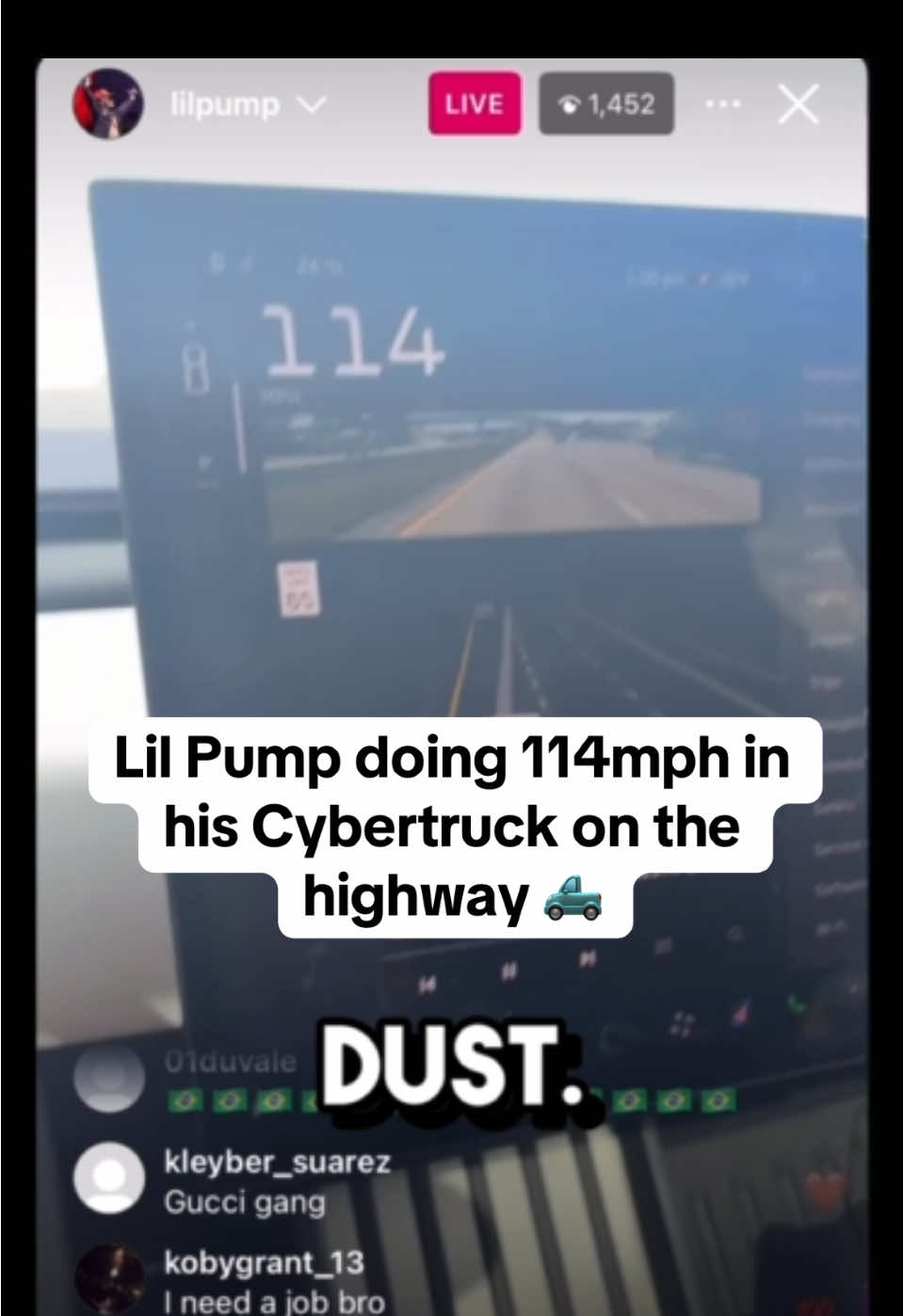 Lil pump doing 114mph on the freeway in his Cybertruck | IG LIVE 12/8/24 @Lil Pump  #lilpump #cybertruck #tesla #teslacybertruck #freeway #highway #milesperhour #trucks #cuttingupintraffic #cuttingup #music #rapper #raptok #blowthisup #blowup #BlackTikTok #blackcreators #blackcontentcreator #blackcommunity #cybertrucktesla #electriccar #fy #fyp #fypシ #fyppppppppppppppppppppppp #foryoupage #ig #iglive #instagram #instagramlive 