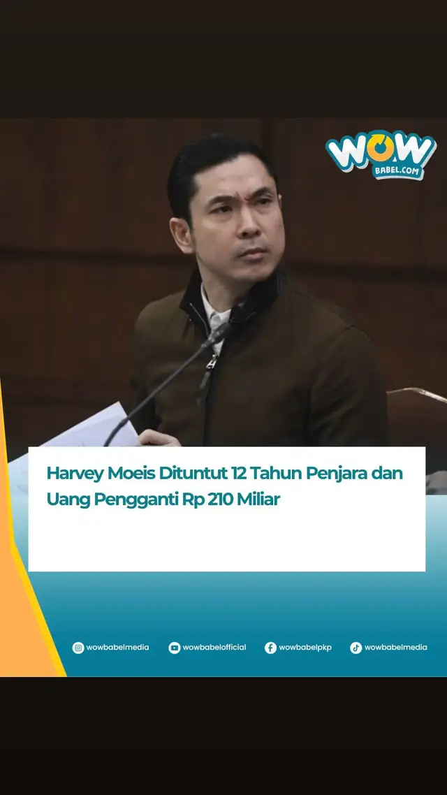 Jaksa Penuntut Umum (JPU) Kejaksaan Agung menuntut Harvey Moeis terdakwa kasus korupsi tata niaga komoditas timah di wilayah izin usaha pertambangan (IUP) PT Timah Tbk dengan hukuman 12 tahun penjara. Jaksa juga menuntut Harvey Moeis membayar denda Rp 1miliar dan dituntut membayar uang pengganti Rp 210 miliar. Jaksa mengatakan harta benda Harvey Moeis dapat dirampas dan dilelang untuk membayar uang pengganti tersebut. Jika tak mencukupi, akan diganti dengan hukuman kurungan. Jaksa menyakini Harvey bersalah melanggar Pasal 2 ayat (1) juncto Pasal 18 UU Tipikor juncto Pasal 55 ayat (1) ke-1 KUHP dan Pasal 3 UU No 8 Tahun 2010 tentang Pencegahan dan Pemberantasan TPPU juncto Pasal 55 ke-1 KUHP 