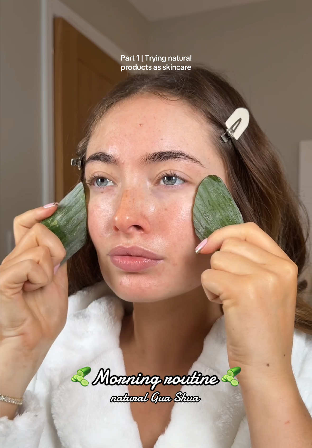 Part 1 of a new series of trying natural skincare products 🥒  Cut a cucumber in half and freeze it for a natural Gua Sha in the morning!  Benefits: ✨Reduces inflammation and puffiness. ✨Disappears dark circles and dark spots. ✨Helps with acne-prone skin. Tighten pores.  ✨Helps to reduce sebum production.  #grwm #skincare #naturalskincare #cucumberguasha 