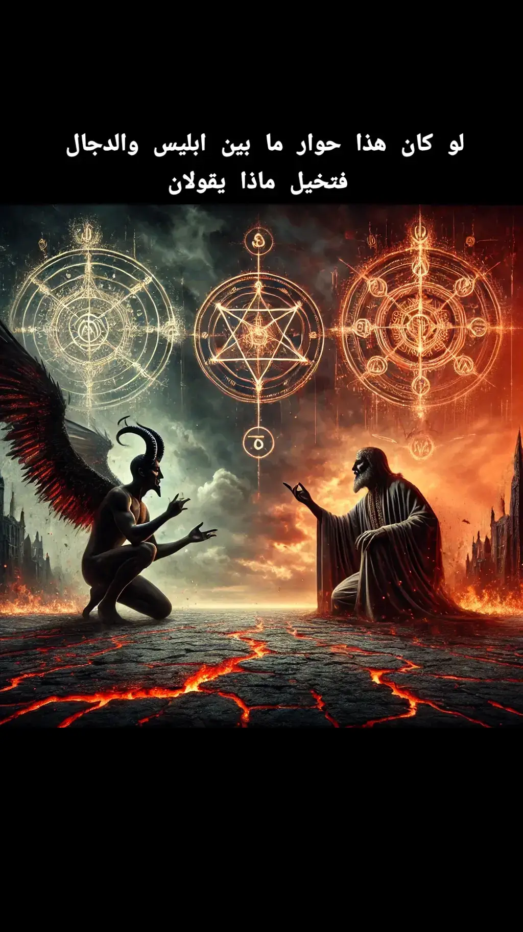 تخيل هذا الحوار كأنّه يحدث في مكان مظلم وغامض، قبل ظهور الدجال على الأرض بفترة قصيرة. كلاهما يعلمان دورهما في نهاية الزمان، ويتناقشان حول كيفية تحقيق أهدافهما.