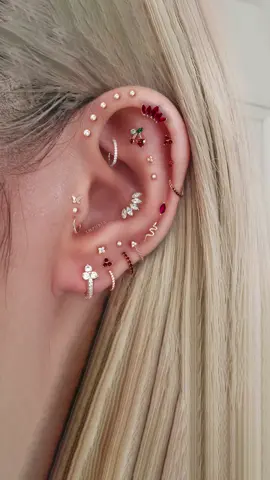 Red Cherry multiple ear piercing curation ideas! 🍒✨ #EarPiercingGoals #GoldEarrings #CartilagePiercing #JewelryInspo #earringstack