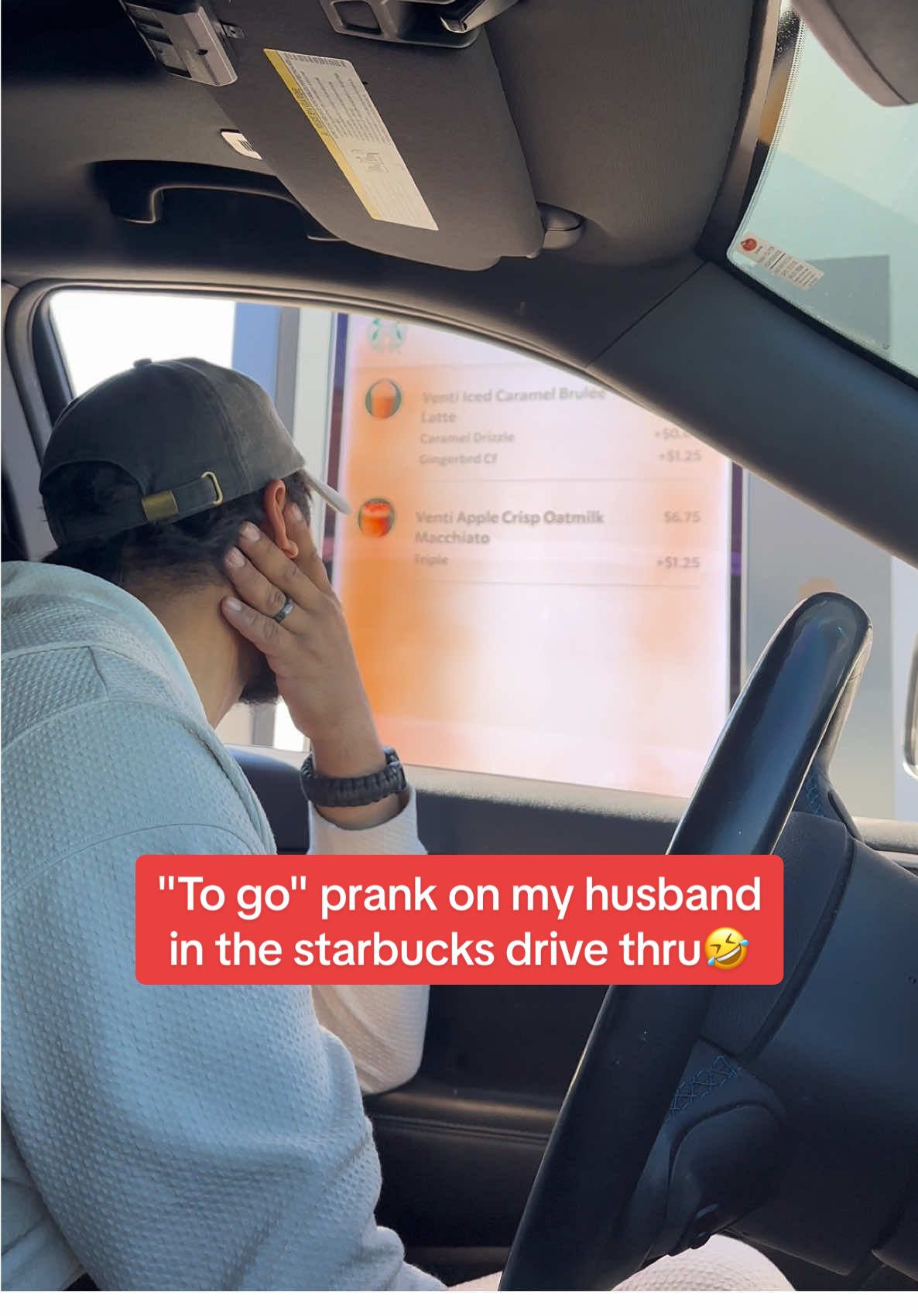 He looked so betrayed 😭😭 #starbucks #starbucksdrivethru #prank #togo #drivethru #drivethruprank #husbandwife #fypシ #foryoupage #for #you 