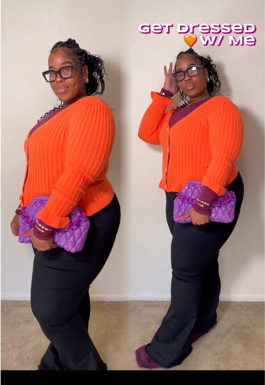 Get Dressed with Me 🧡💟 • • • #OOTD #gdwm #plussizeootd #orangeandpurple #winteroutfitideas #curvyoutfitideas #foruyou 