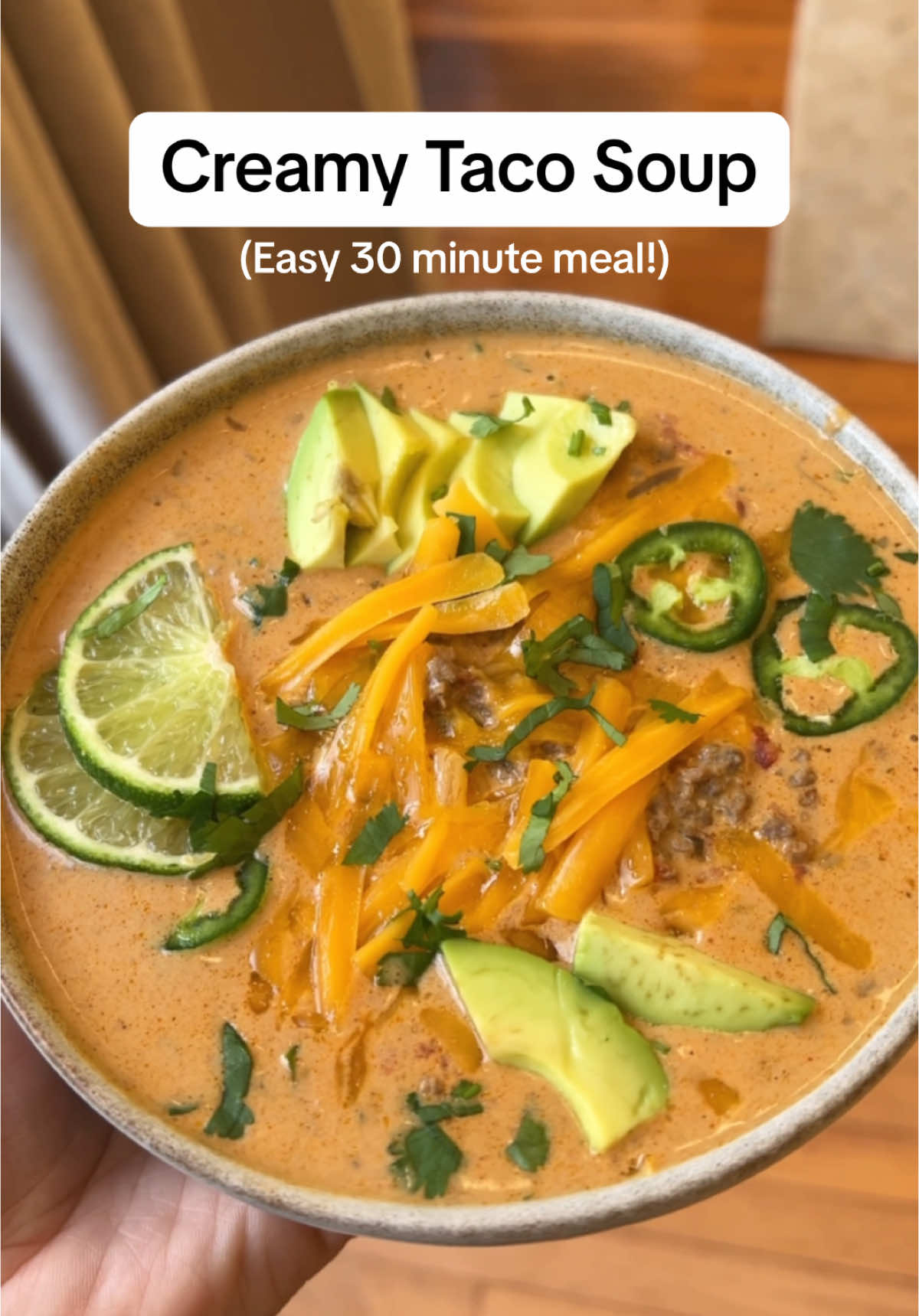 🌮 Creamy taco soup is warm, comforting and packed full of flavor. It’s packed with protein and veggies and topped with fresh avocado and is the perfect way to enjoy tacos without the added carbs at only 3g net carbs per serving! 🍋‍🟩  📌 Tap the 🔗 in my bio or visit gimmedelicious.com for full printable recipe, tips + macros and more delicious recipes!  Ingredients  ▢ 1 lb ground beef, or turkey or chicken ▢ 1 tbsp oil, of choice ▢ 1 small onion, diced ▢ 2-3 cloves garlic, minced ▢ 1 small green bell pepper, diced (optional) ▢ 1 (10 oz) can Rotel tomatoes,or 1 large tomato, chopped ▢ 1 (8 oz) pkg cream cheese, OR 1 cup heavy cream ▢ 2 tablespoons taco seasoning, homemade or 1 packet ▢ Salt and pepper to taste ▢ 1 (14.5) oz can beef broth, (1.5-2 cups) Instructions  Add 1 tablespoon oil to a pot or large pot or dutch oven, brown beef, onion, and garlic over medium-high heat for 7-8 minutes or until the ground beef is browned through. Add the bell pepper, Rotel diced tomatoes, cream cheese, and spices. Stir for 4-5 minutes or until tomatoes are soft and tender and cream cheese is mixed through. Pour in beef broth and reduce heat to low-medium. Simmer 15-20 minutes or until desired thickness is achieved. Serve in small soup bowls. Top with freshly sliced avocado, sour cream, shredded cheese, freshly minced cilantro, jalapeno, and a drizzle of lime. #recipes #tacosoup #DinnerIdeas #dinnerrecipes #food #cooking #soup #lowcarb 