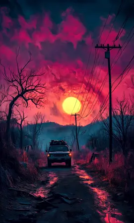 A strange night creeps in as the sun sets over a sleepy Midwest town. It's time to get out.. while we can. #strangerthings #midwest #sunset #purplesunset #escapethenightb #nostalgia #aivideo #midjourney 