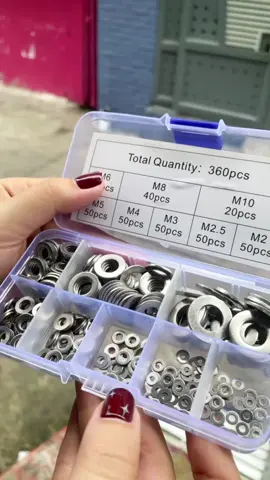 Chất liệu inox 304, vòng đệm phẳng inox kết hợp vòng đệm trục vít M2-10, phụ kiện vít, giá rẻ; vòng đệm phẳng inox 304 kết hợp vòng đệm trục vít kết hợp M2-10 phụ kiện; hộp gồm 50 miếng cho mỗi loại M2, M2.5, M3, M4, M5 và M6;M8 40 miếng, M10 50 miếng