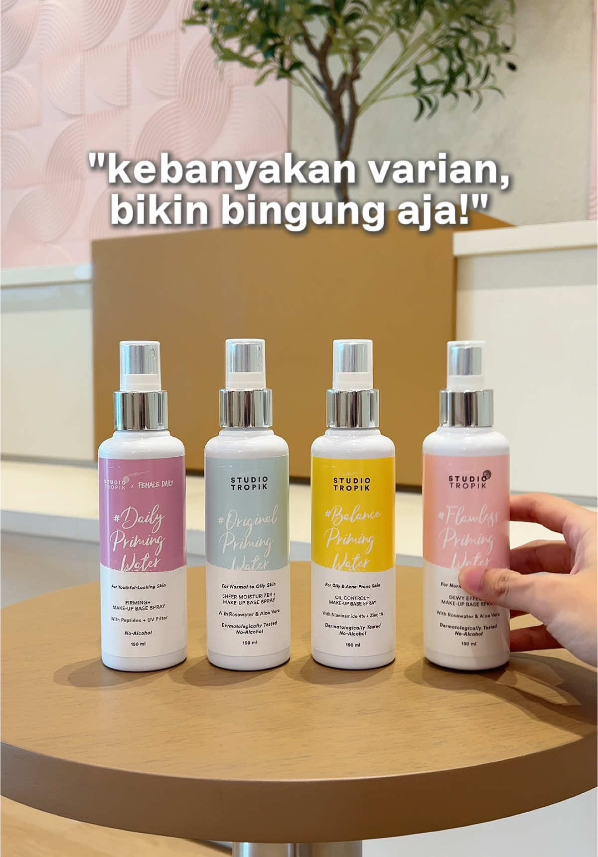Priming Water #StudioTropik bisa dipilih sesuai dengan concern atau tipe kulit Team Tropik yaaa 😉✨ So, gausah bingung lagi mau pakai yang mana... Boleh konsultasi ke MinTrop juga kalau masih ragu hihi #ComplexionExpert 