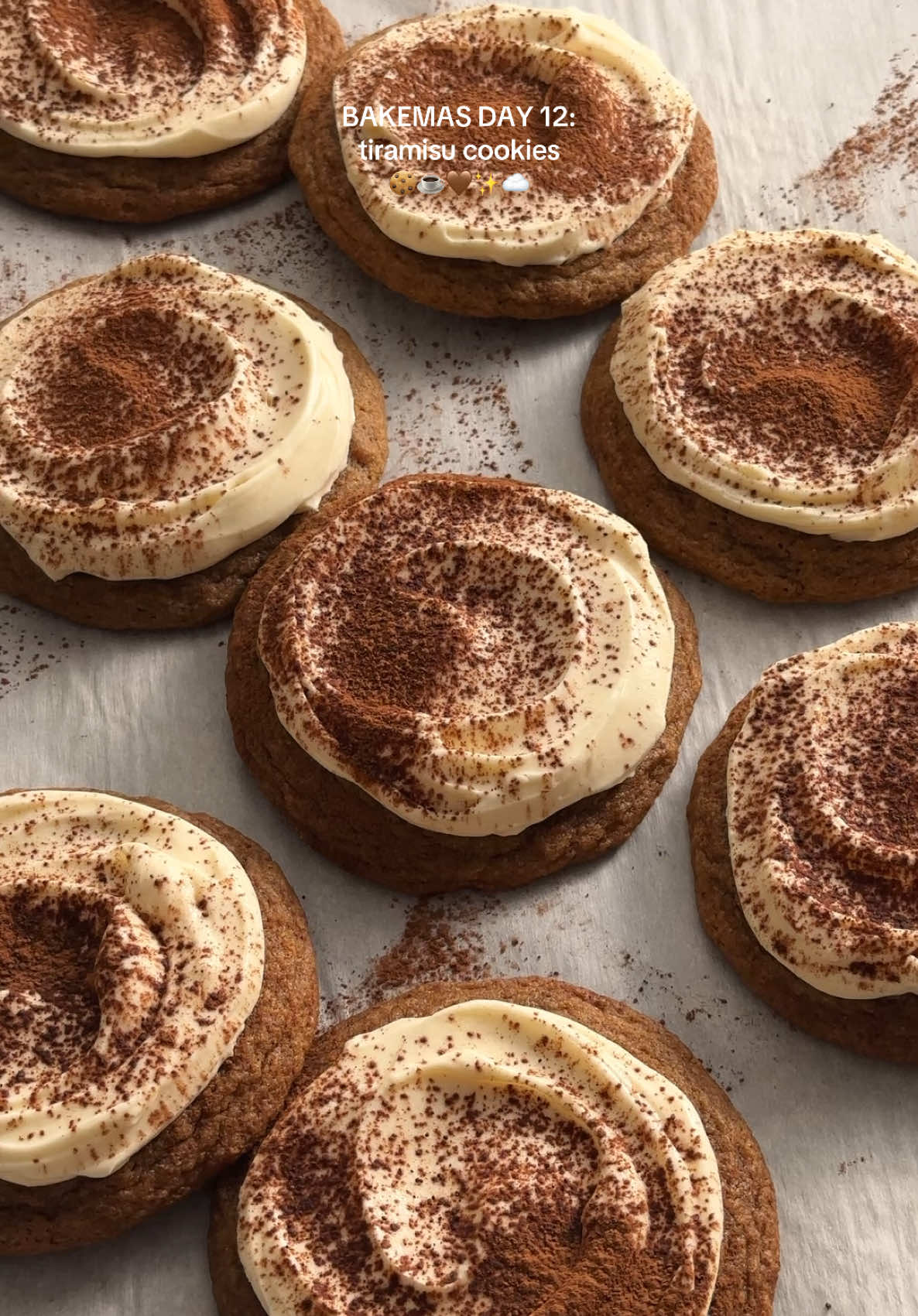 BAKEMAS DAY 12: tiramisu cookies 🤎 they’re soft and chewy espresso cookies topped with mascarpone cream and a dusting of cocoa powder. they taste just like tiramisu but in cookie form! recipe linked in my bio or search “tiramisu cookies” on teakandthyme.com 🫶 #tiramisu #cookies #christmascookies #holidaycookies #christmasbaking #holidaybaking #baking 
