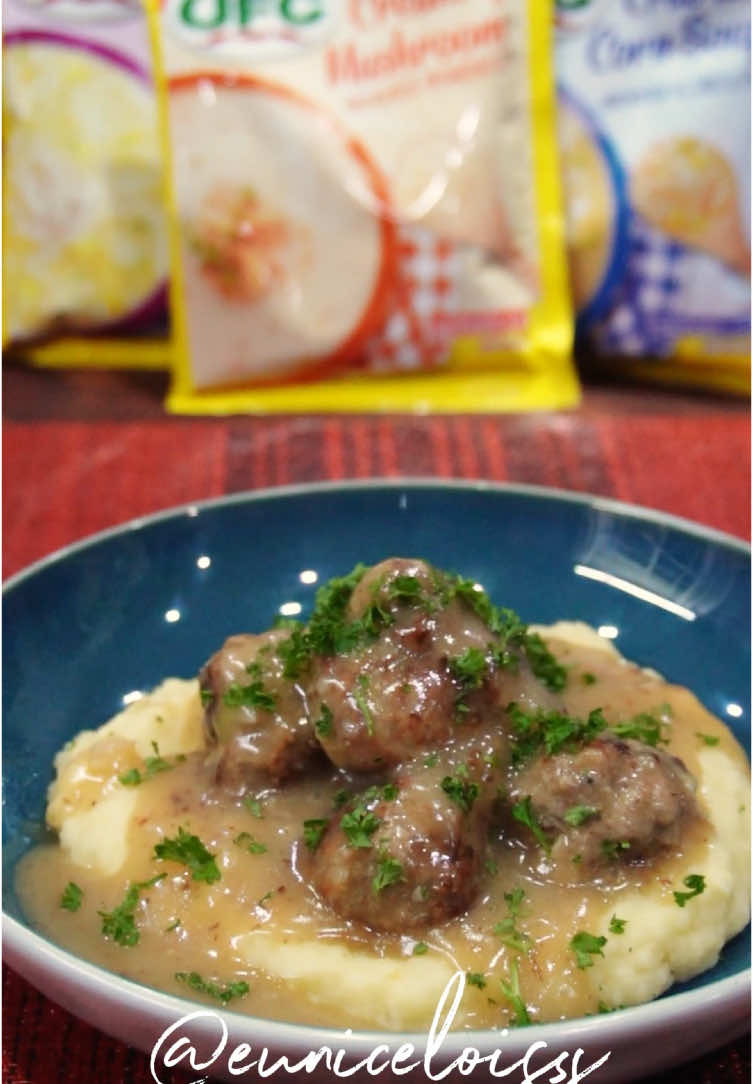 Di ka na mangangarag sa ihahanda with this quick and easy Meatballs in mushrooms sauce and mashed potato recipe! Kudos to UFC Cream of Mushroom Soup for making this recipe easier. Available in NutriAsia e-Commerce Stores and Leading Supermarkets! RECIPE: Mashed potato: 3 pcs potato 1 cup evaporated milk 1/4 cup unsalted butter salt and pepper to taste Meatballs: 1/2 cup panko bread crumbs 1/2 cup fresh or evaporated milk 250g ground pork 250g ground beef 1/4 tsp salt 1/2 tsp black pepper 1/2 tsp chili flakes 1/2 tsp Italian seasoning 2 tsp Worcestershire sauce 1 clove garlic, grated 1 medium onion, chopped 1 pc whole egg breadcrumb mixture Sauce: 2 tbsp butter 4 cloves garlic, chopped  1 medium onion, chopped 1 pack UFC Mushroom Soup, dissolved in 3 1/2 cups water Worcestershire sauce and sugar to taste Chopped parsley for garnish  #UFC #UFCsoups #TheSouperChoice #SouperSulitHolidays #meatballs #EasyRecipes #holidays #homemade #euniceloisss 