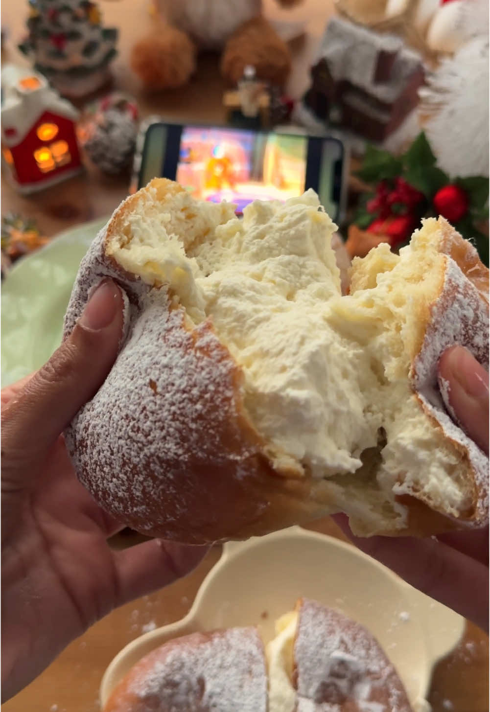 Fluffy Yonsei-Inspired Milk Cream Bread ☁️ So Creamy 🥛 • 110g warm milk • 30g egg • 35g sugar • 3g salt • 3g instant dry yeast • 220g bread flour  • 50 g unsalted butter  • 1 tablespoon vanilla extract • 1 tablespoon milk powder (optional, for richness) Instructions: 1. Combine the milk, eggs, sugar, vanilla, salt, and yeast in a mixing bowl. 2. Gradually add the bread flour and milk powder (if using), mixing until a rough dough forms. 3. Incorporate the butter and knead until the dough is smooth and elastic. 4. Cover and let the dough rise in a warm place for about 1 hour or until it doubles in size. 5. Divide the dough into 4 equal portions (about 100g each). Press each portion lightly to release air, then form into smooth balls. 6. Let the dough balls rest for 15 minutes. 7. Press each dough ball again, form into balls, press a bit on the top, and let them rise for an additional 30 minutes.  8. Prepare an egg wash by mixing 25g of egg with 2 tablespoons of milk. Brush the buns with this mixture before baking. 9. Preheat the oven to 180°C. 10. Bake the buns at 180°C for 12-13 minutes or until golden brown. 11. Once out of the oven, immediately brush the buns with melted butter for a soft, shiny finish. 12. Allow the buns to cool completely before filling. Milk Cream Filling • 300g whipped cream • 60g mascarpone cheese • 50g condensed milk  • 25g sugar Instructions: 1. Whisk all ingredients together until smooth and fluffy. 2. Chill in the refrigerator until ready to use. Assembly 1. Once the buns are cooled, use a piping bag to fill each bun with the cream. Insert the nozzle into the bottom or side of the bun and squeeze in the filling until full. 2. Dust with powdered sugar for a decorative finish, if desired. . . . . . #bread #baking #bakery #buns #dessert #homemade #milky #yummy #creamy #yonseicreambread #breadtok #milkbread #homebaking #breadbaking #foryou #fyp #aesthetic #cute#breadtok#christmasdessert #christmasvibes #holidaybaking