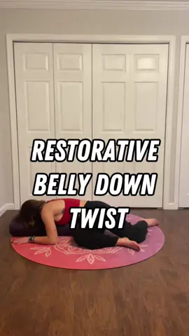 Restorative belly down twist with z legs will have you feeling max relaxation 💜  #yoga #yogatwist #restorativeyoga #yinyoga  @Manduka @HuggerMuggerYoga 