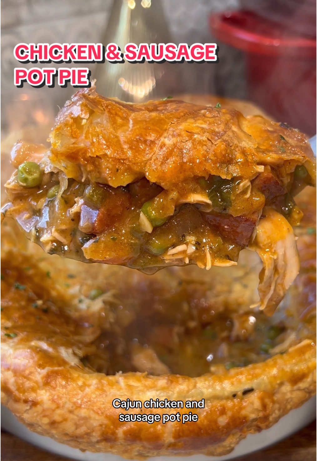 Chicken and Sausage Pot Pie 🥧 Here’s how to make it: 2 large chicken breasts (seasoned with Tony’s, garlic powder, onion powder, and smoked paprika) 1/2 lb andouille sausage, cubed Olive oil ½ cup butter, divided 1 medium yellow onion, diced 2 celery stalks, diced 2 carrots, sliced into half-moons 1 tbsp @Tony Chachere, divided 1 tsp smoked paprika Dash of cayenne pepper (to taste) 6-8 cloves garlic, minced 1/4 cup flour  1/2 cup dry white wine, optional 1.5 cups chicken broth 1/2 cup heavy cream 1 tsp chicken bouillon, optional 1 cup frozen peas 1 tbsp Worcestershire sauce 1/2 tbsp fresh thyme, chopped 1/2 tbsp fresh rosemary, chopped 1/2 cup fresh parsley, chopped (plus more for garnish) 1/2 cup freshly grated Parmesan 1 sheet frozen puff pastry, thawed and rolled out 1 egg wash (1 egg + 1 tbsp water or cream, whisked together) 1. Heat a drizzle of olive oil in a large oven-safe skillet over medium-high heat. Add the sausage and cook until browned. Remove and set aside. 2. In the same skillet, add another touch of olive oil and butter. Add the chicken breasts and cook until golden brown and fully cooked (about 5-6 minutes per side). Remove, shred, and set aside with the sausage. 3. Add more butter or olive oil if needed. Add the onion, celery and carrots, and season with Tony’s, smoked paprika, and cayenne. Saute until softened, about 5-7 minutes. Add the garlic and cook for another minute. 4. Clear a center in the skillet and melt 1/4 cup butter in the empty space. Whisk in the flour and cook for 1-2 minutes. 5. Pour in the white wine (if using), stirring to deglaze the pan (it will form a bit of a paste). Let it cook for 2-3 minutes until slightly reduced. 6. Slowly pour in the chicken broth while whisking. Stir in the heavy cream, chicken bouillon, and season with Tony’s (to taste). Let the mixture simmer for 5-7 minutes, stirring occasionally, until thickened. 7. Once the sauce has thickened, stir in the cooked chicken, sausage, peas, Worcestershire sauce, Parmesan, parsley, thyme, and rosemary. Taste and adjust seasoning if needed. 8. Preheat the oven to 400 F. 9. Lay the puff pastry over the skillet, folding any excess around the edges, and brush with the egg wash. Cut small slits in the pastry to allow steam to escape. 10. Bake for 20-30 minutes or until the puff pastry is golden and puffed. 11. Let the pie cool for 5-10 minutes before serving. Garnish with extra parsley if desired. Enjoy! Prep Time: 15 minutes Cook Time: 45 minutes Serving Size: 6 servings #potpie #chickenpotpie #onepan #onepanmeal #onepotmeals #dinner #DinnerIdeas #FoodTok #cooking #comfortfood #cozyrecipes #cozyfood #wintermeals #winterrecipes #winterfood #EasyRecipes