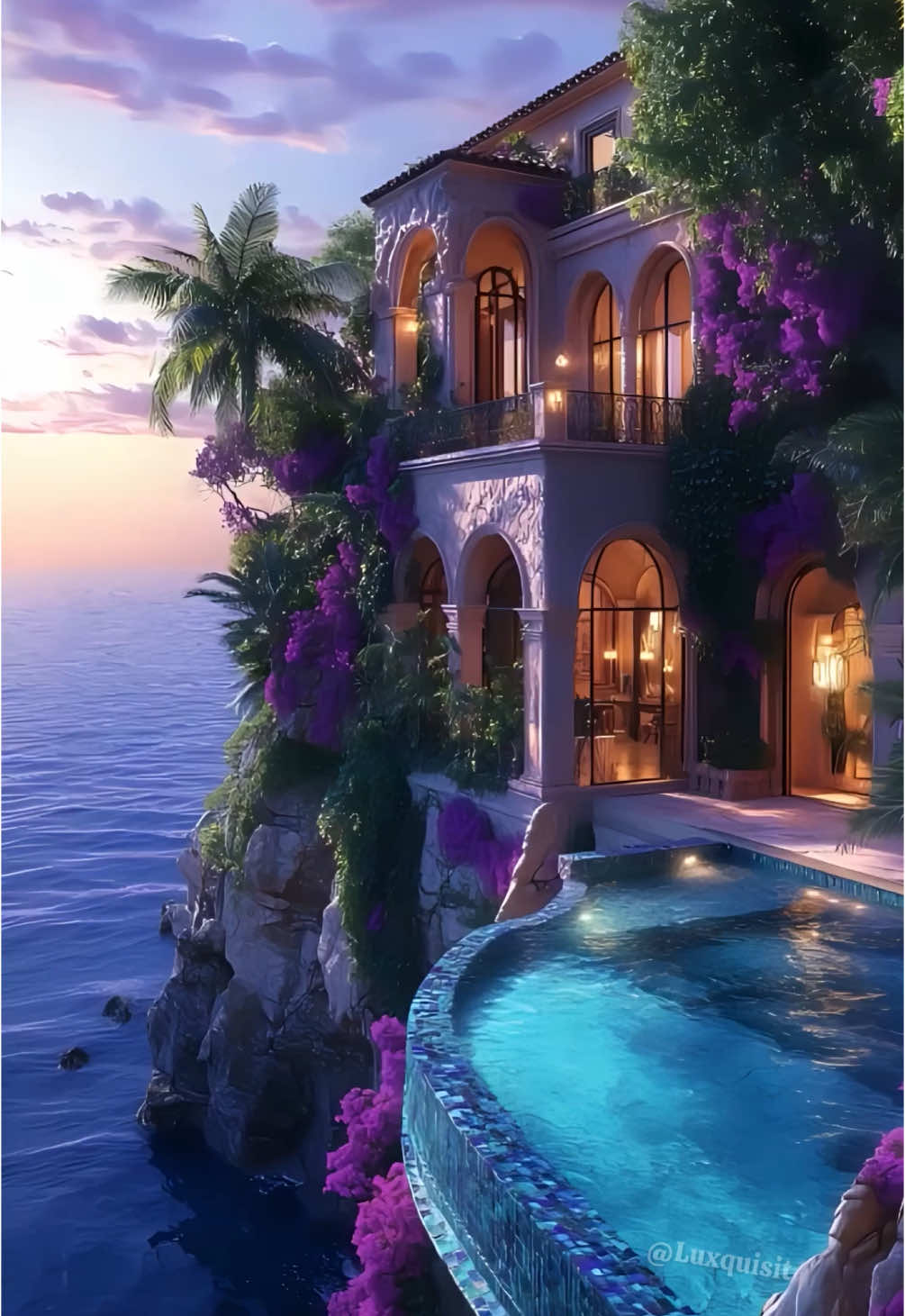 a Dreamy Seaside Mansion . . . . #LuxuryLiving #Mansion #purpledesign #purplesky #dreamhomes #oceanview #luxuryhomes #purple
