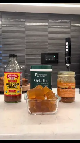 Apple cider vinegar gummies 🍎  Grass fed gelatin What it does-  - ﻿﻿Improves skin health due to collagen - ﻿﻿Provides protein - ﻿﻿Helps with digestive function **Gelatin binds to water which helps food move through the digestive system more efficiently** - May help ease joint pain that is associated with inflammation (Osteoarthritis) - ﻿﻿Helps maintain healthy bones by helping the body absorb calcium - ﻿﻿Can help control blood sugar in people with type 2 diabetes due to the amino acid Glycine - Contains the amino acid Valine.  **Valine cannot be produced by the human body and it is an essential amino acid that we must get from our diet.** Apple cider vinegar What it does -   - It can kill bacteria  - May help lower blood sugar levels - Contains  enzymes, vitamins, minerals, & essential amino acids - Can support digestion & calm arthritis pain Ingredients: 3/4 Cups strong green tea 3 Tablespoons of grass-fed gelatin powder 3 Tablespoons of raw honey  1/2 Cup + 2 Tablespoons of apple cider vinegar  Brew tea & let it cool. Mix 1/4 cup of tea and 3 tablespoons gelatin  in a bowl until combined   Add the rest of the green tea, Apple cider Vinegar, and honey to the gelatin mixture. Place the bowl with mixture in a double broiler.  Slowly heat stirring until the gelatin dissolves. Do not boil. Once everything is dissolved pour the mixture into a bowl.  Refrigerate until set. Cut into squares. Keep the gummies refrigerated!