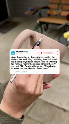 (u/MissusCrunch) A genie grants you three wishes, stating the three rules: no killing or raising from the dead, no making anyone fall in love, and no wishing for wishes. 