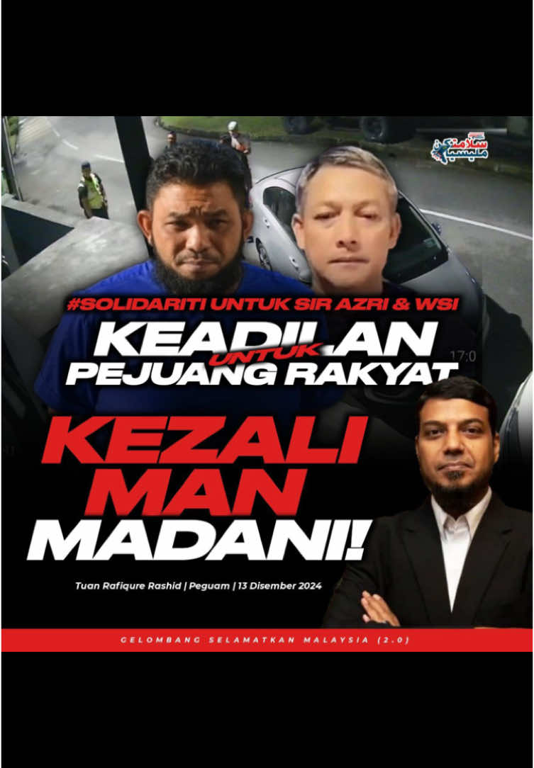 Kezaliman Madani 1. Pempengaruh media sosial dan pengkritik Kerajaan Sir Azri ditahan kira-kira 8 anggota PDRM dari Bukit Aman jam 1.30 pagi ini. 2. Sir Azri dimaklum PDRM mendapat arahan tangkap dari Pegawai AMLA PDRM yang telahpun mengesahkan akan berjumpa Sir Azri bagi siasatan jam 11pagi hari ini. Amat hairan mengapa perlu tangkap kalau telah ada temujanji dalam masa 10 jam dari masa tangkapan. 3. Apabila dibawa hadapan Mahkamah untuk prosiding Reman di Lokap Berpusat PDRM Jinjang , Kuala Lumpur pegawai penyiasat memaklumkan tujuan reman dipohon adalah untuk membantu siasatan mengenai satu kes dibawah Seksyen 420 Kanun Keseksaan.  4. Yang amat mengejutkan adalah laporan ini terkait satu isu berkenaan Invoke Solutions yang mana laporan hanya dibuat pada tahun 2024. 5. Jauh lebih dangkal adalah pengadu dimaklum oleh pegawai penyiasat sebagai Rafizi Ramli. Ya , Menteri yang buat laporan! 6. Peguam yang hadir mewakili Sir Azri hari ini, Sdr Zoolazrai Zolkefly telah membantah reman tersebut.  7. Mahkamah setelah mendengar hujahan pihak-pihak telah memerintahkan Reman  satu(1) hari.  8. Perkembangan lanjut akan dimaklum. 9. Peristiwa menahan awal pagi dan menggunakan agensi ini merupakan salahguna kuasa tahap zalim yang amat. 10. Solidariti bagi Sir Azri dan rakan2 lain mesti diteruskan.  11. Hari ini WSI juga diberi reman 3 hari.  12. Rakyat kini menjadi mangsa pelbagai salahguna kuasa. Rafique Rashid Peguambela & Peguamcara 13/12/2024 #madanihbos  #tuanrafique #sirazri #wsi #solidarity  #rakyatbangkit #lawantetaplawan  #malaysiatiktok  #rakyat