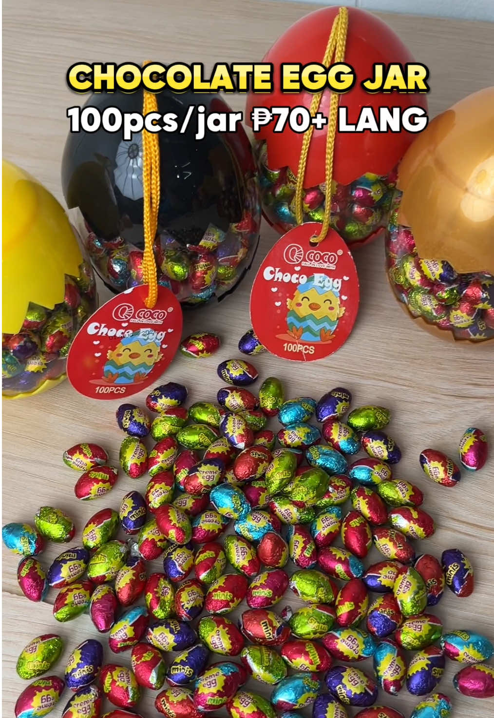 ₱70+ 100 PCS NA‼️ Coco Egg Chocolate Jar available na! Limited stocks na lang!! #chocolate #chocoeggjar #easteregg #easterneggs #eggchocolate #eggchoco #giveaway #lootbags #cocofood #cocofoodph 
