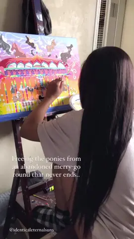 Merry go rounds were my favorite amusement park ride as a little kid so painting this is giving me so much nostalgia and happiness right now! With the ponies embracing their dazzling saddles weirdly as a kid (as crazy as this sounds) I used to get sad because It just seemed like they keep on spinning and spinning round and round on this circus giant carousel with no way out. Like what if they just wanted to break free and run? 🎠🐎I used to imagine that……. 🎠 What is your favorite childhood ride that brought you so much joy? Let us know in the comments we would love to read all of your favorite rides🎠🎠🎠 🎠 #carousel #ponies #ponyride #merrygoround #amusementpark #childhoodunplugged #whimsical #ecstatic #joyful #kidcore #nostalgia #innerchild #innerchildhealing #arte #contemporaryart #surrealism #ponyart #freedom #giddyup #reels #colorful #majestic #wonderland #wip #painting #paintingprocess #adorable #magic #amusement #identicaleternalsuns 