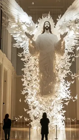 This breathtaking installation is made entirely of thousands of folded origami doves, fish, and loaves, symbolizing peace, provision, and the enduring message of Christ’s love. Each delicate piece comes together to form this awe-inspiring portrait of Jesus, reminding us how He multiplies the smallest offerings into blessings beyond measure. #Christian #ChristianArt #ChristianTikTok #Origami
