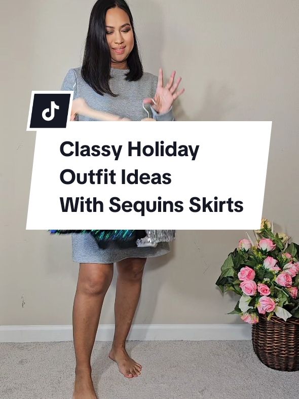 Classy Holiday Outfits Wearing Sequins Skirts ......... #styleover40 #styletips #holidayoutfit #sequins #christmasoutfit #holidaydress #amazonfashion #amazonclothes 