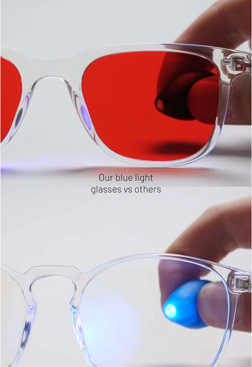 The explanation to way our blue light glasses lenses are red. Our red “sleep lens” blocks out 99% of all blue light while most other with transparent lens usually blocks out 20-30%. #bluelight #bluelightglases #biohacking #blulightblocking #sleep #healthtips #healthhack #computerglasses #hevoeyewear #computerglasses #gamingglasses 