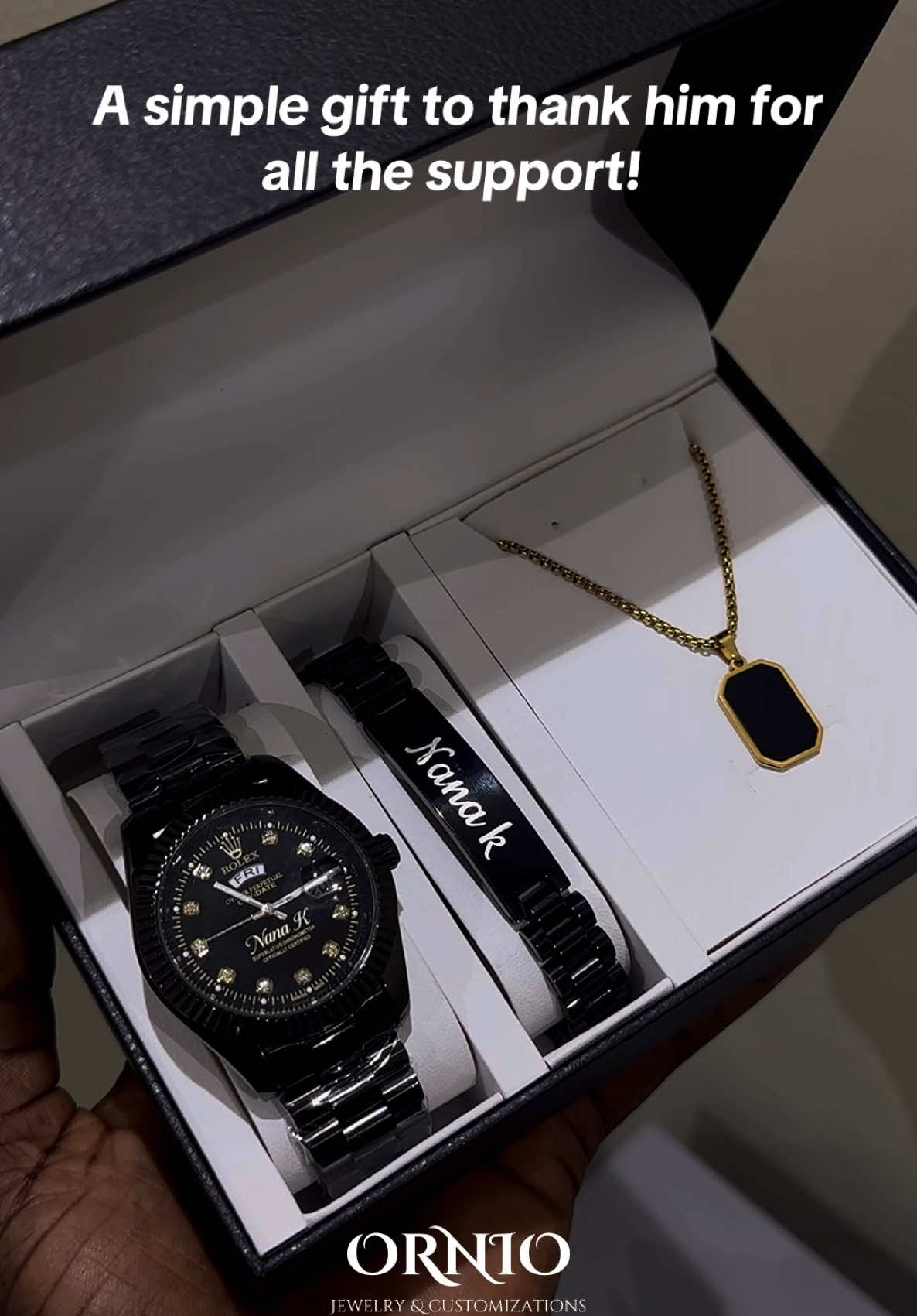 She got him a gift set just to say thank you!😍  Customized rolex watch Customized bracelet  Onyx stone necklace  Price: 550 cedis #giftforhim #giftsforhim #giftideas #customizedgifts #rolexwatch #watch #customizedwatch #personalisedgifts 
