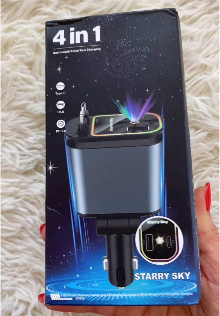 4 in 1 Retractable Car Phone Charger lights up & projects a “starry sky” on your car ceiling #carcharger #carphonecharger #phonecharger #carcharger4in1 #giftguide #holidayhaul #tiktokshopholidayhaul 