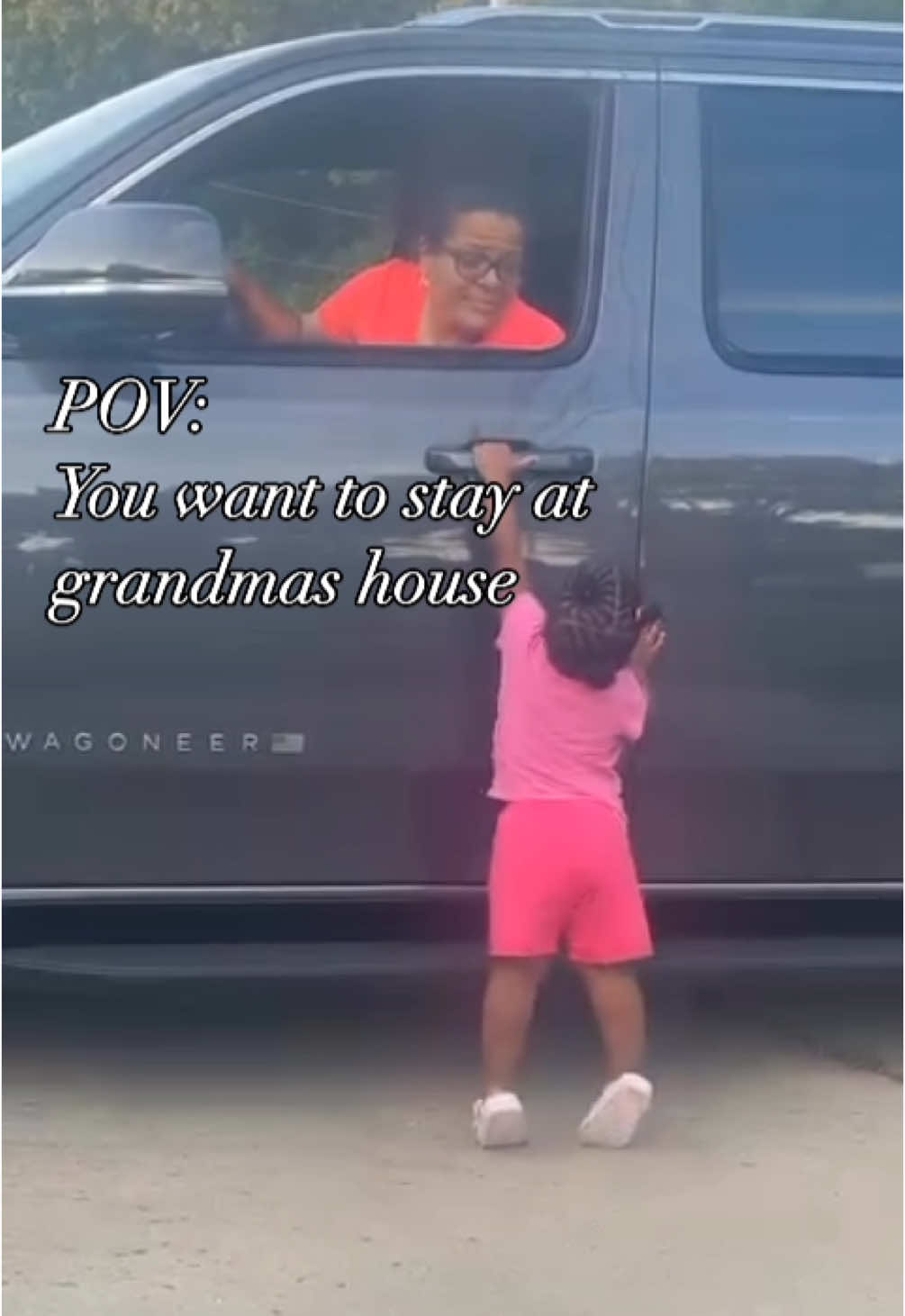 This adorable video captures the pure and unbreakable bond between a little toddler and her grandma. The little girl walks up to her grandma’s car, crying because she wants to go home with her. Despite offering a compromise like “You can come to my house tomorrow,” the toddler tearfully insists, “No.” And like any loving grandma, she quickly caves, saying, “Whatever, just go get her stuff.” It’s the perfect example of how grandmas simply can’t resist their grandbabies’ big emotions and how love wins every time. This sweet and funny moment will melt your heart and make you laugh all at once!  DM for credit:  #GrandmaLove #WholesomeMoments #FamilyFirst #ToddlerLife #TooCute #GrandbabyLove #HeartwarmingMoments #FunnyToddlers #GrandmaBond #PureLove #FamilyGoals #AdorableVideos #GrandparentsAreTheBest #SweetMoments #LaughAndLove