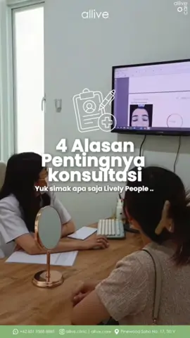 Hai Lively People, berkonsultasi dengan dokter sebelum menjalani perawatan adalah langkah yang sangat bijak. Tidak hanya membantu kalian dalam menentukan perawatan yang tepat, konsultasi juga memberi kesempatan kepada dokter untuk menilai kondisi atau masalah kalian secara lebih akurat🥰 Dapatkan berbagai promo menarik dari Allive Clinic, Discount Up To 50% dan banyak promo yang bisa Lively People nikmati setiap pukul 10:00 - 14:00. Jadi, tunggu apalagi yuk ambil promonya dan segera lakukan reservasi untuk konsultasi dengan dokter kami. Contact Us: 📱+62 851 9588 8885 🕙 Senin – Sabtu (10:00 – 18:00) 📍Pinewood Soho No. 17, Taman Kopo Indah V #AlliveClinic #BeAlliveBeCaring #LivelyPeople #AlliveAesthetic #klinikkecantikanbandung  #konsultasi  #konsultasidokter 
