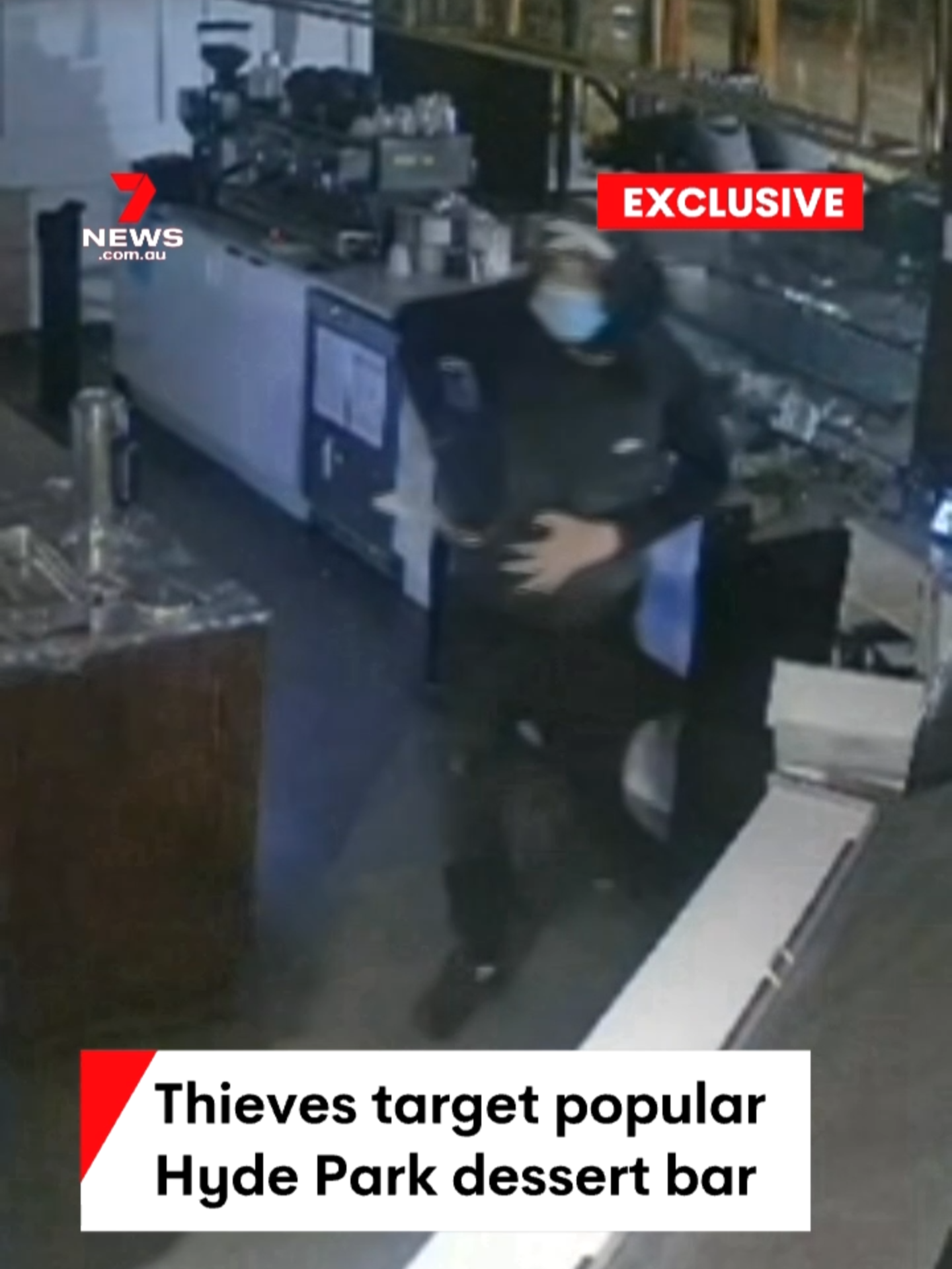 EXCLUSIVE: 7NEWS has obtained vision of the moment two thieves smashed their way into a popular Hyde Park dessert store, fleeing with cash and electronics. #7NEWS